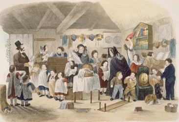 Wizyta w wiejskiej szkole, ilustracja z „Nawiedzenia londyńskiego wykwintnika” do jego ciotek panieńskich na wsi, wyd. W. Kent, Londyn, 1859